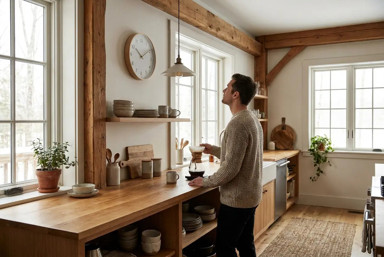 Contemporary kitchen with wall clock mounted above open shelving in Scandinavian interior
