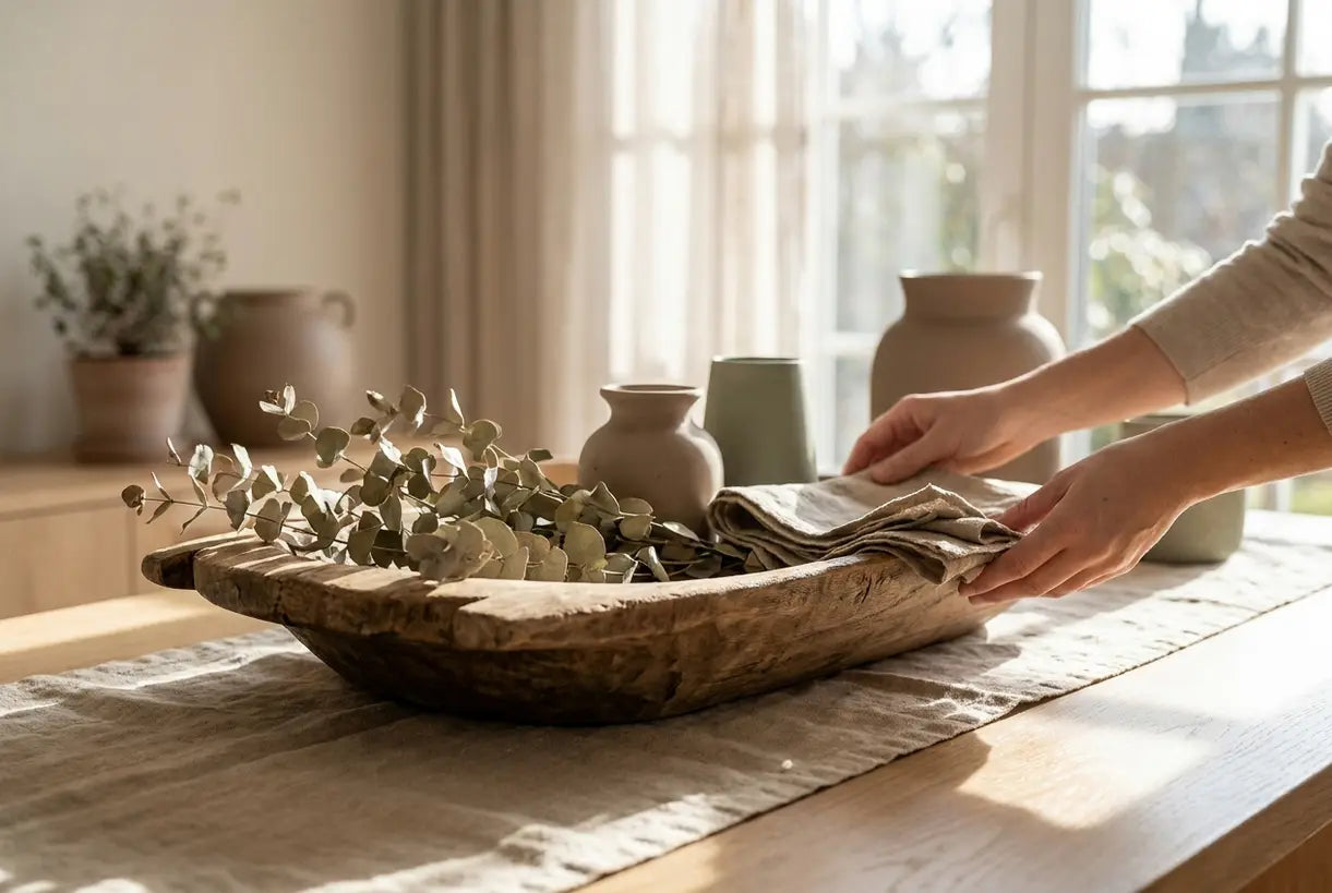 Hands styling natural wood bowl on linen table runner for organic home decor