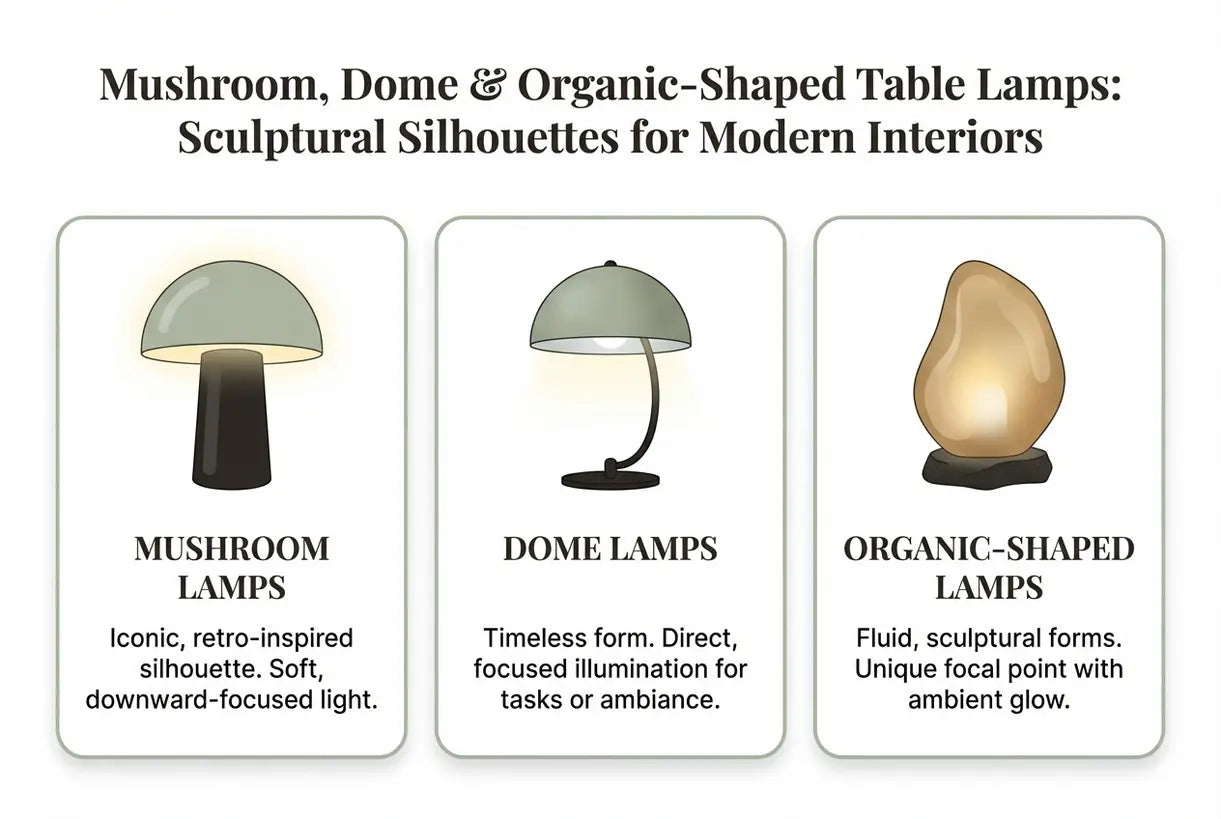 Paddenstoel, Koepel & Organisch Gevormde Tafellampen: Sculpturale Silhouetten voor Moderne Interieurs - infographic