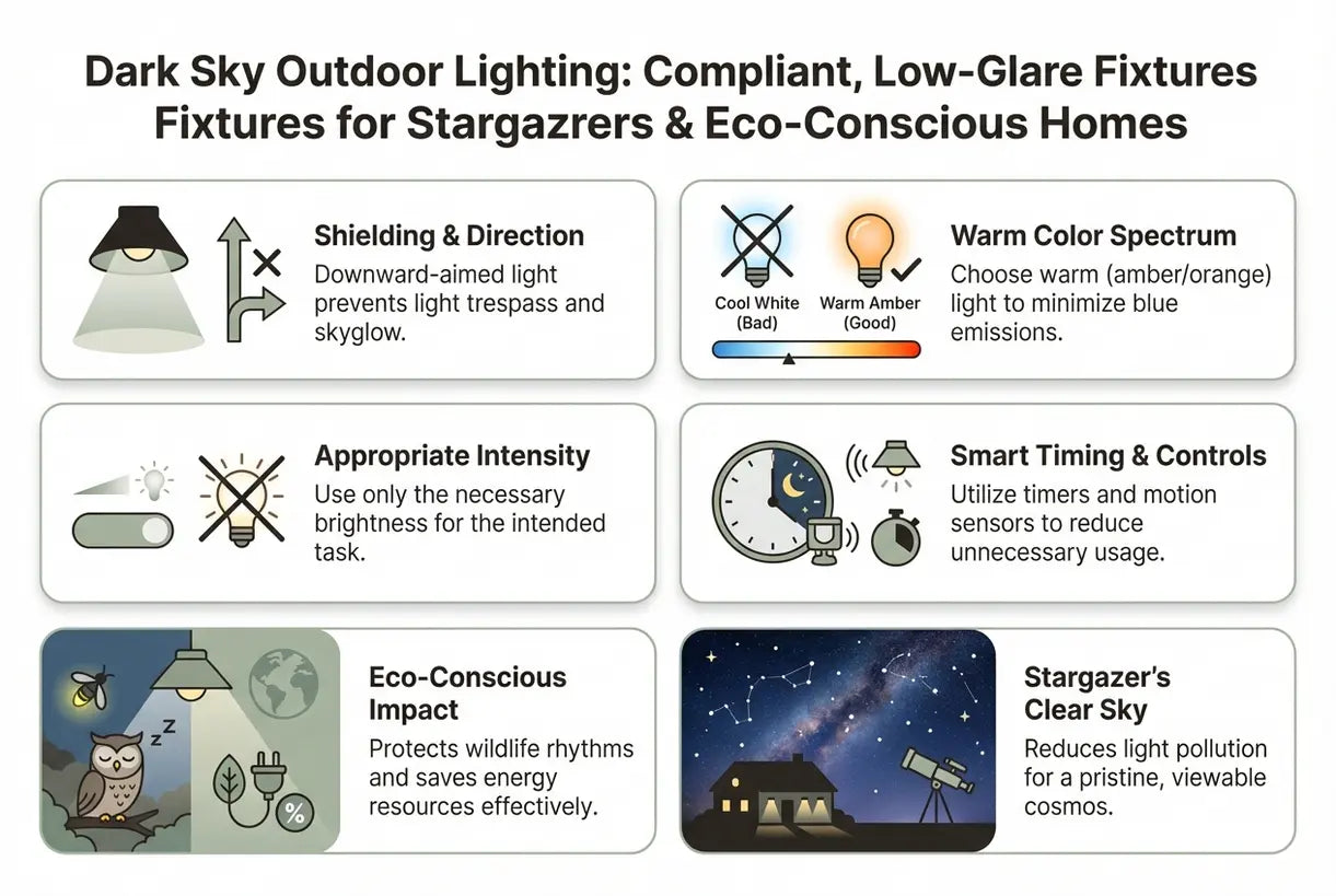 Dark-sky-buitenverlichting: conforme, verblindingsarme armaturen voor sterrenkijkers en milieubewuste huishoudens - infographic