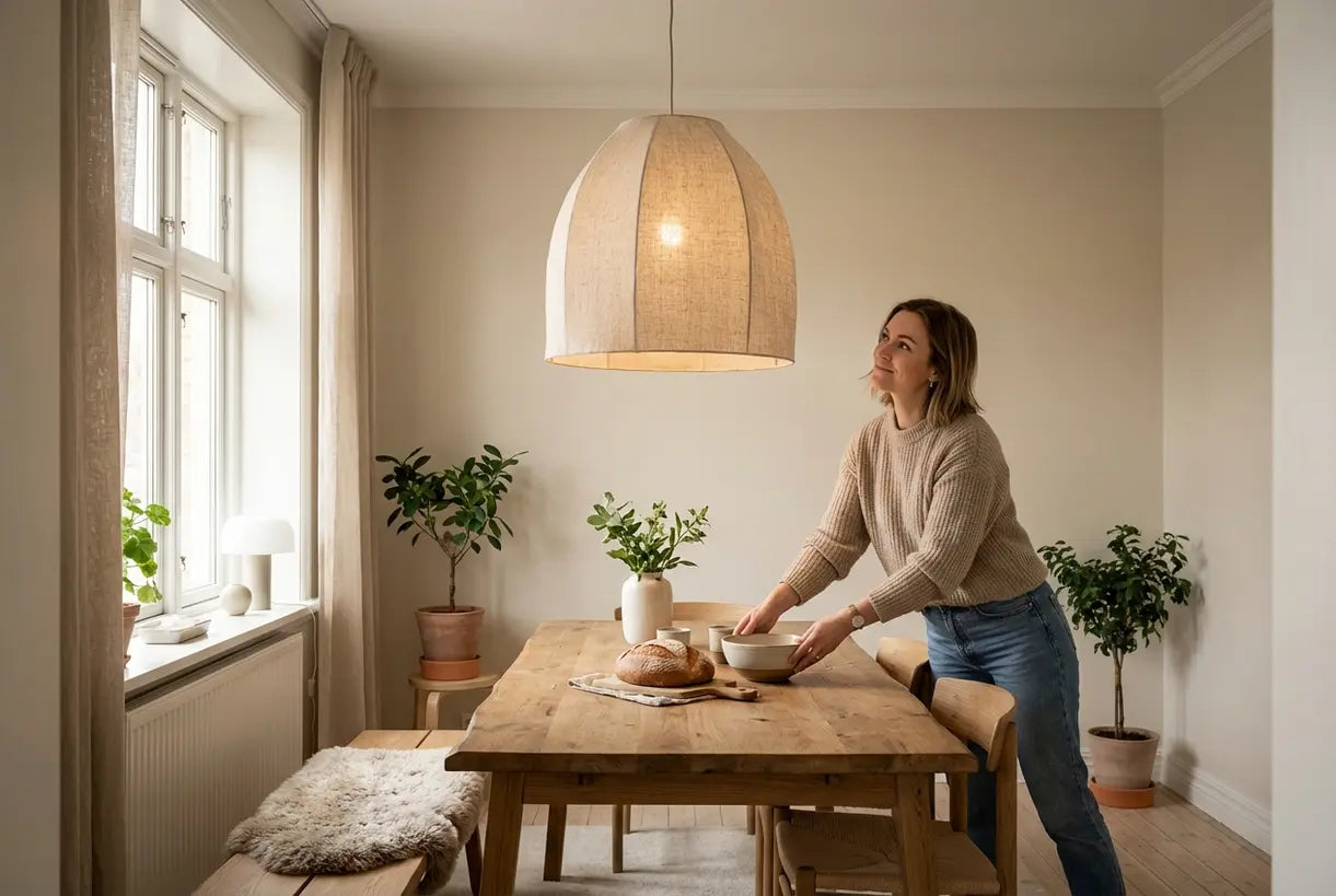 Scandinavian dining room with fabric pendant light creating warm cozy ambiance