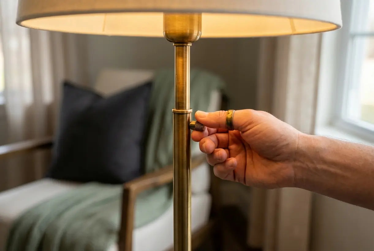 Hand bedient de schakelaar van een warme messing vloerlamp met gouden gloed