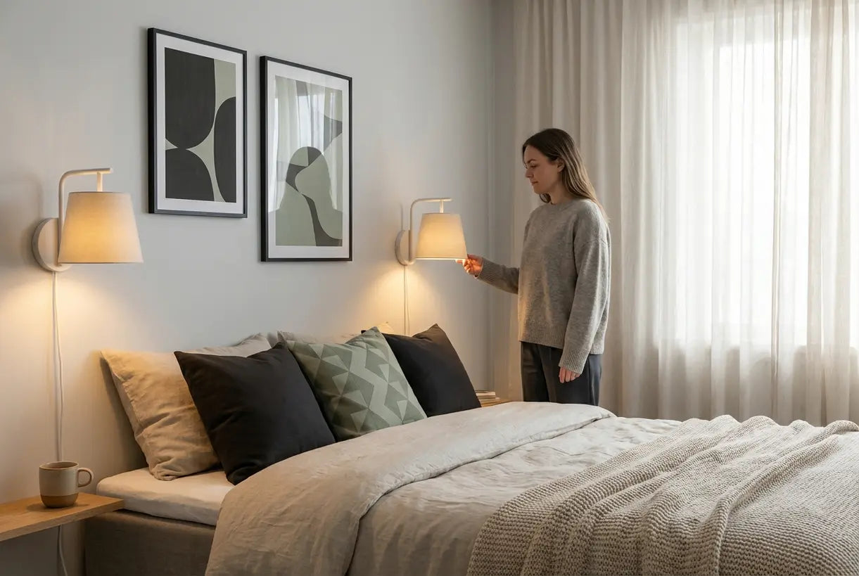 Skandinavisches Schlafzimmer mit aufgewerteten Wandleuchtenschirmen, die ein warmes, atmosphärisches Licht verbreiten