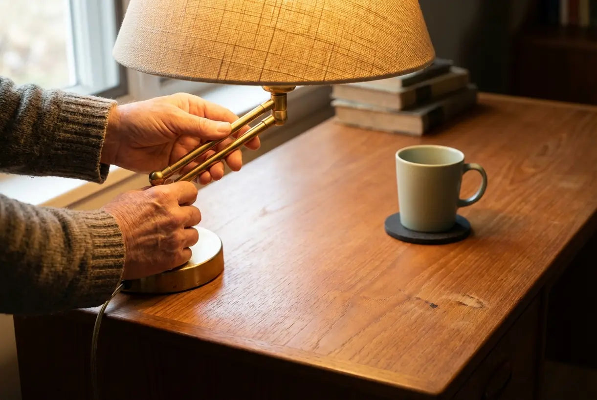 Hands adjusting classic mid-century Scandinavian brass desk lamp with warm wood details