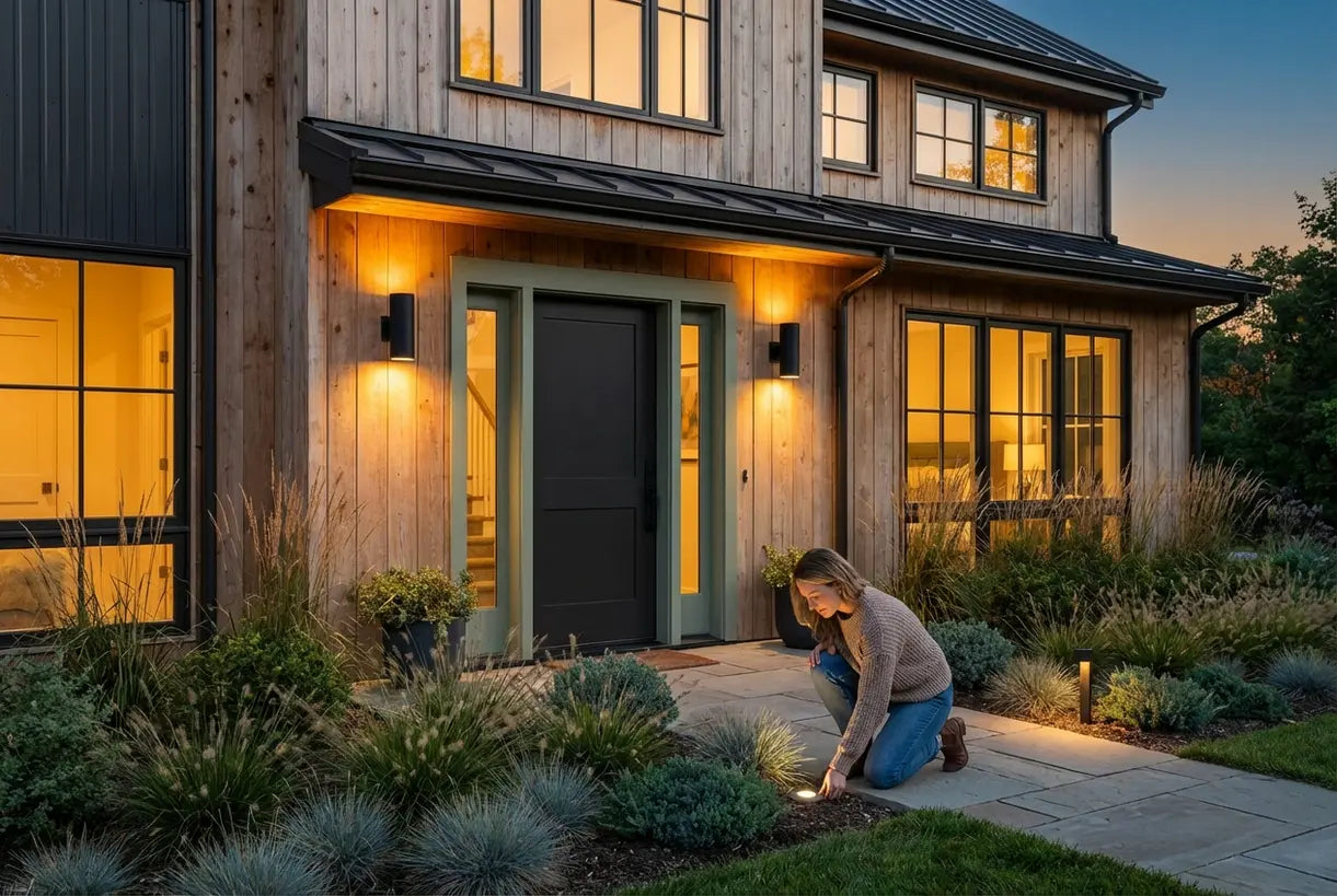 Scandinavische woning met gelaagde buitenverlichting voor een uitnodigende gevel in de schemering