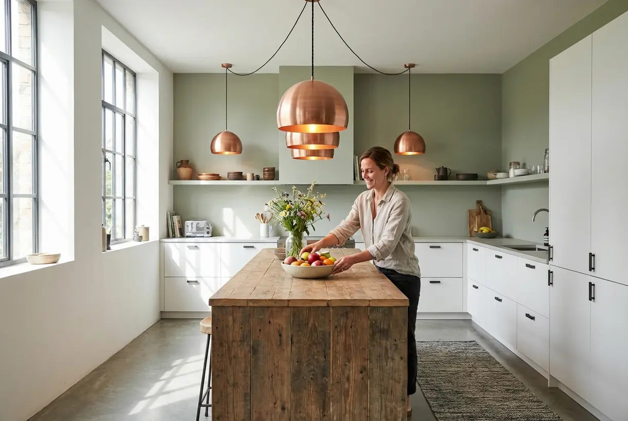 Moderne keuken met koperen hanglampen boven het eiland die een warme ambiance creëren