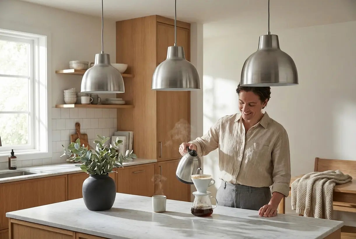 Moderne keuken met geborsteld nikkel pendellampen boven marmeren eiland