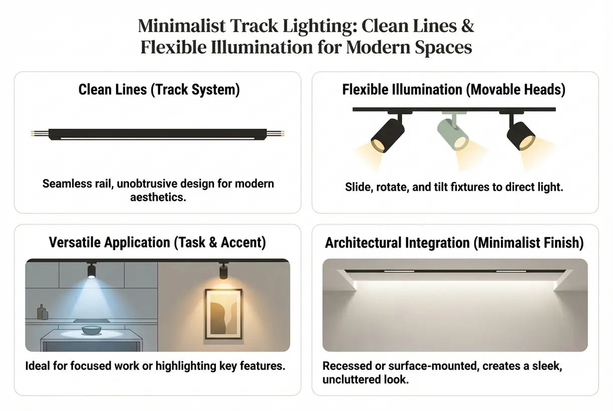 Minimalistische railverlichting: Strakke lijnen en flexibele verlichting voor moderne ruimtes - infographic