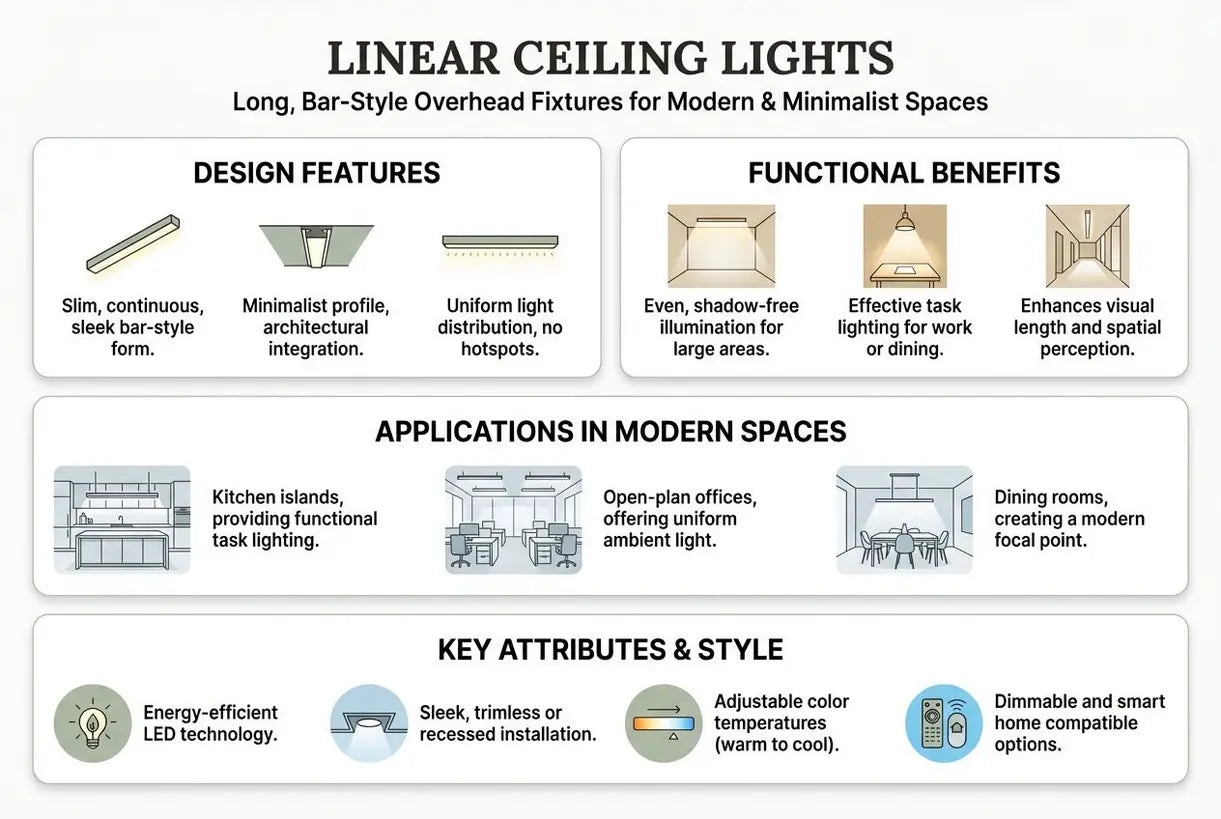 Lineaire Plafondlampen: Lange, Staafvormige Plafondarmaturen voor Moderne & Minimalistische Ruimtes - infographic