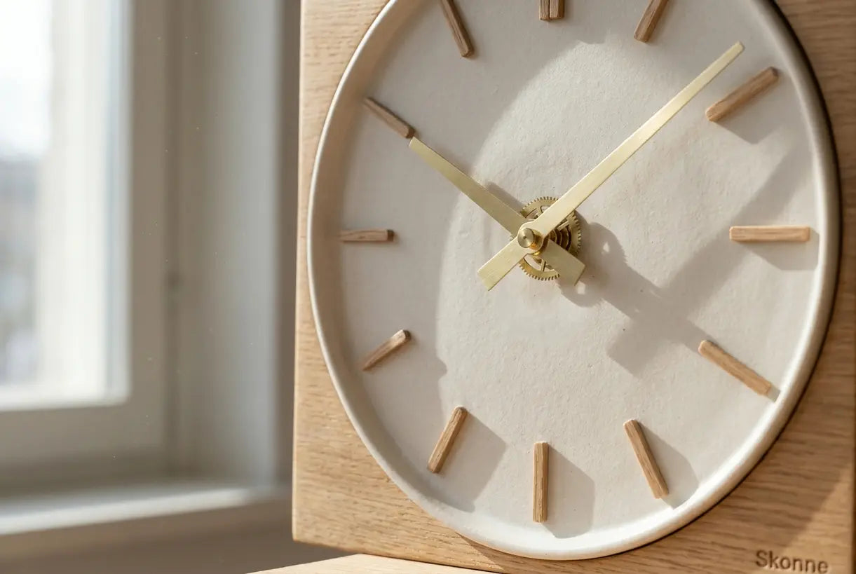 Nahaufnahme des Nadelmechanismus einer rechteckigen Wanduhr mit skandinavischen minimalistischen Designdetails