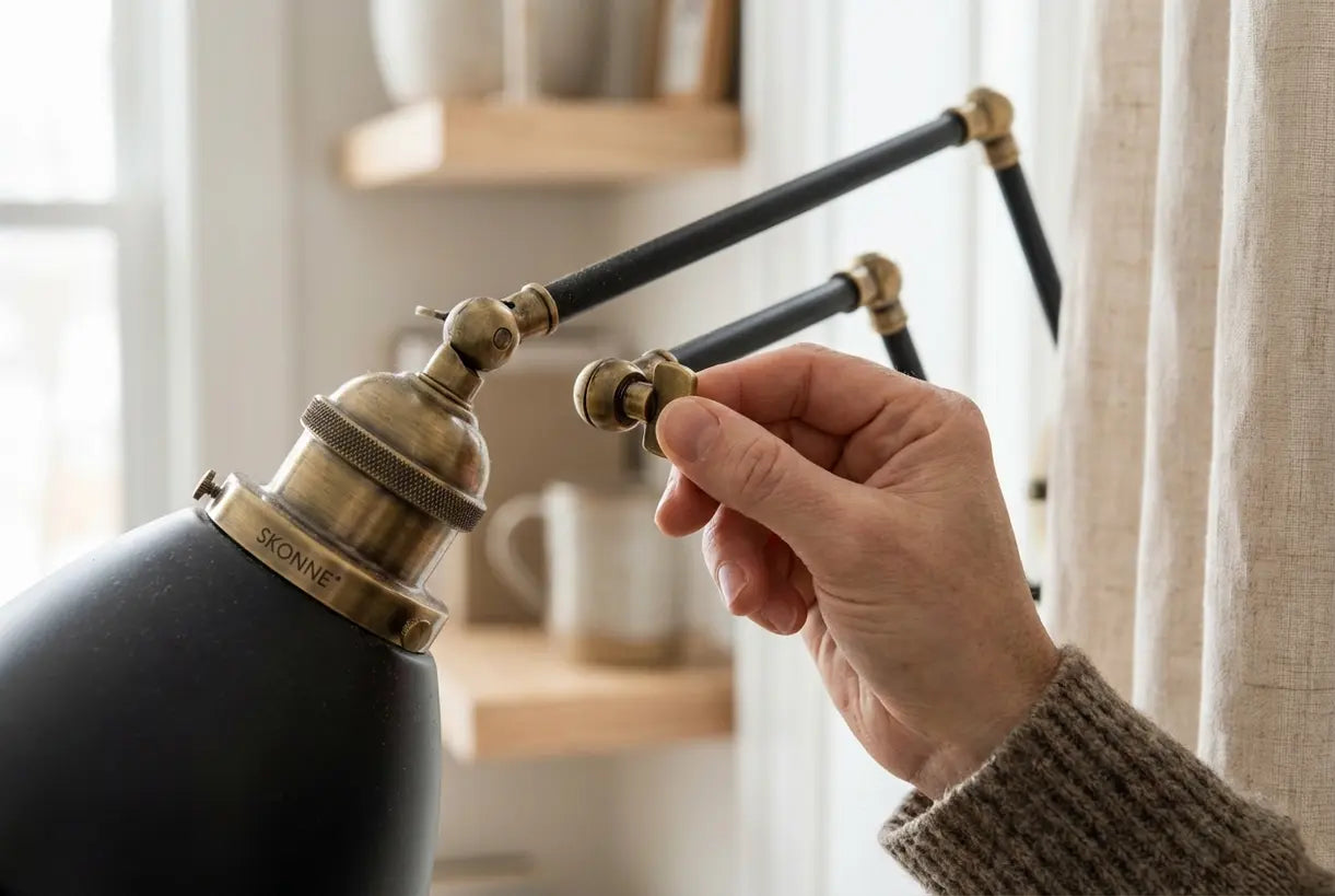 Close-up van het zwenkarmmechanisme van een verstelbare wandgemonteerde bureaulamp