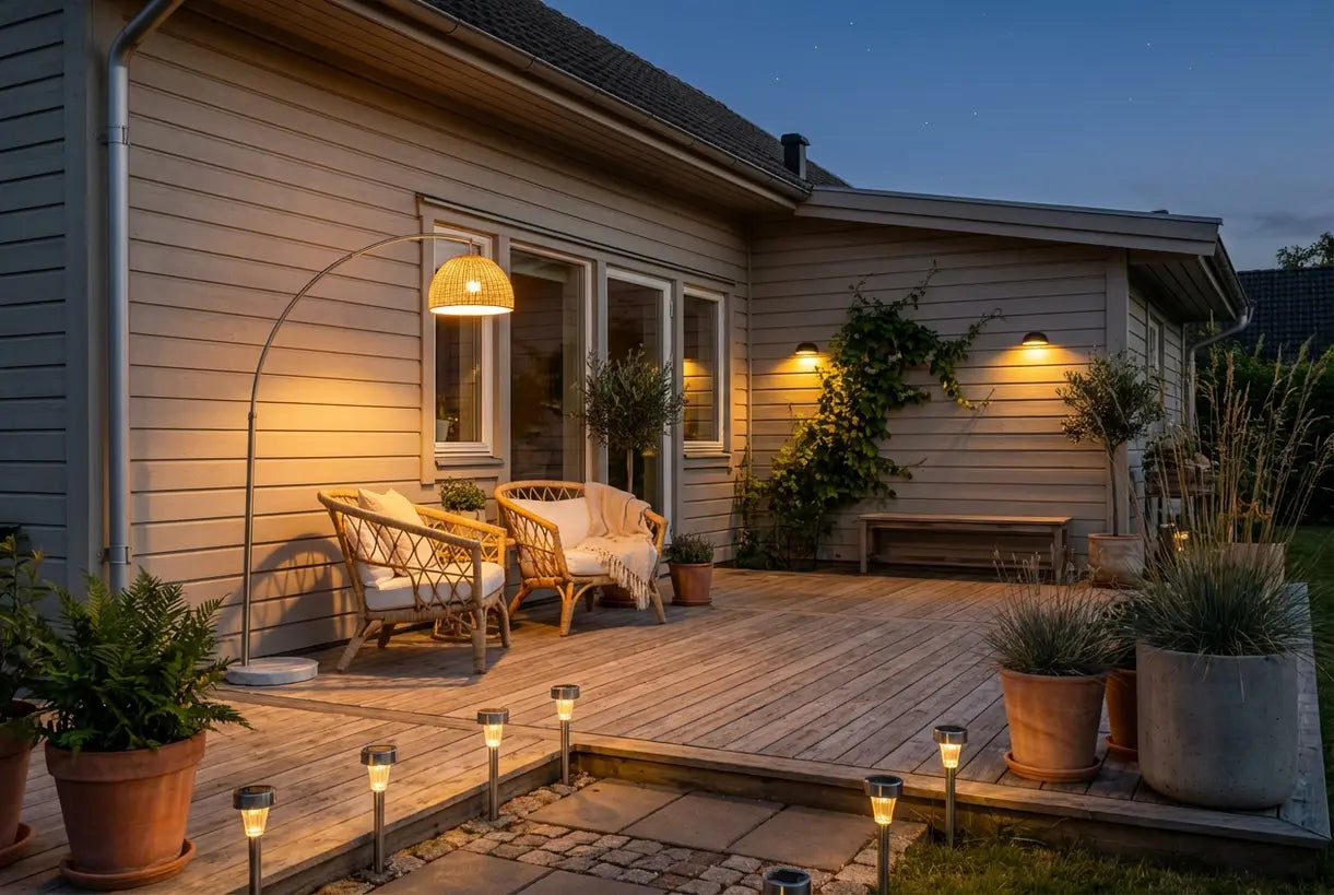 Scandinavische patio bij schemering met solarverlichting die looppad en zithoek verlicht, hygge buitensfeer