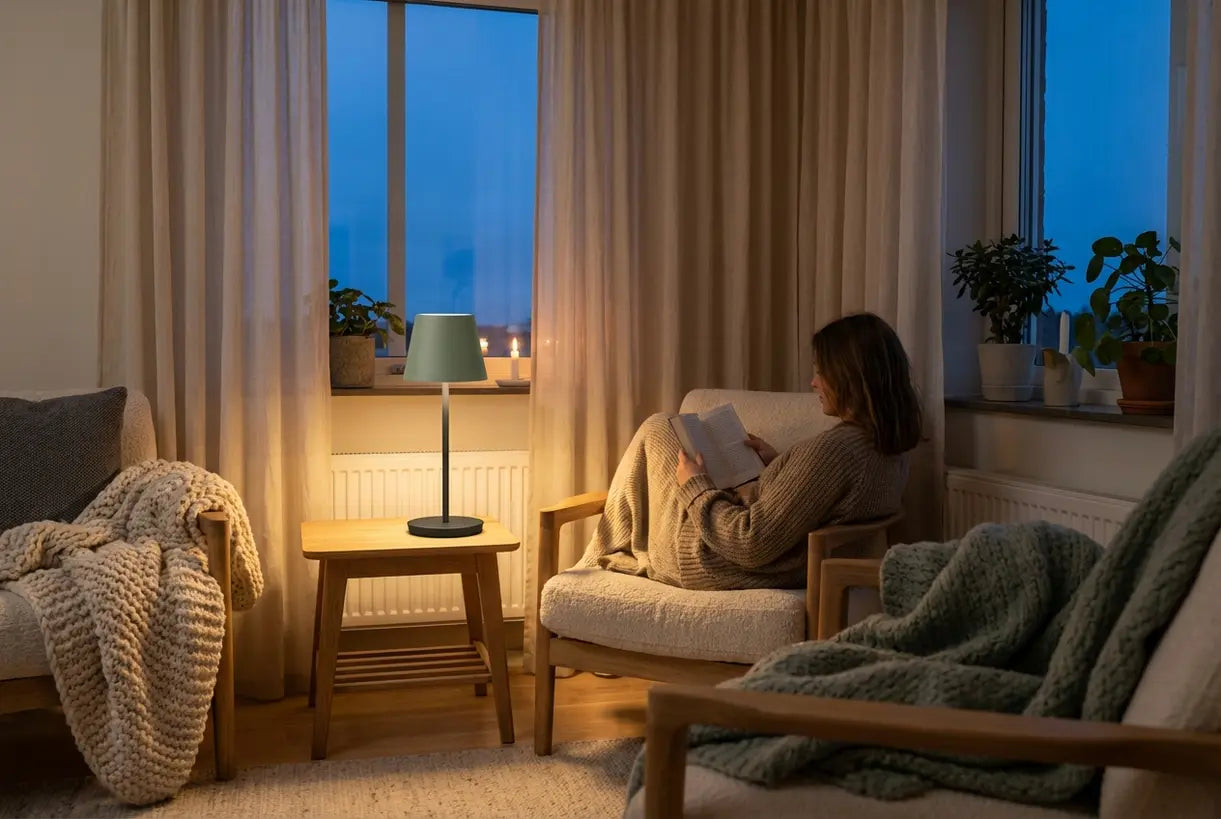Scandinavische woonkamer met de beste oplaadbare lamp die een gezellige sfeer creëert