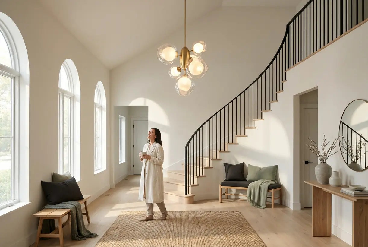 Mooie hal over twee verdiepingen met een moderne hanglamp onder het hoge plafond, Scandinavisch design
