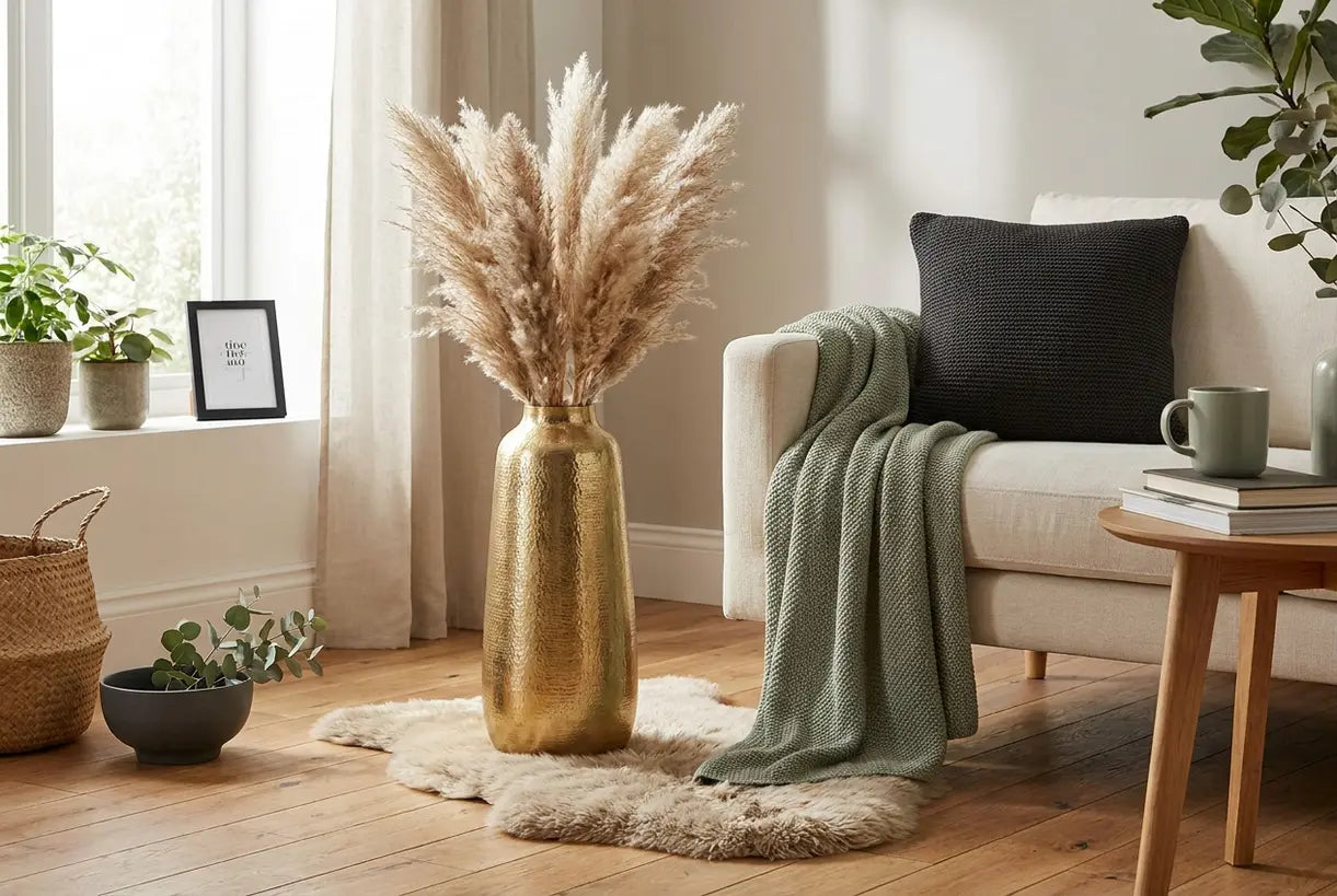 Scandinavian living room with gold vase and dried pampas grass styling