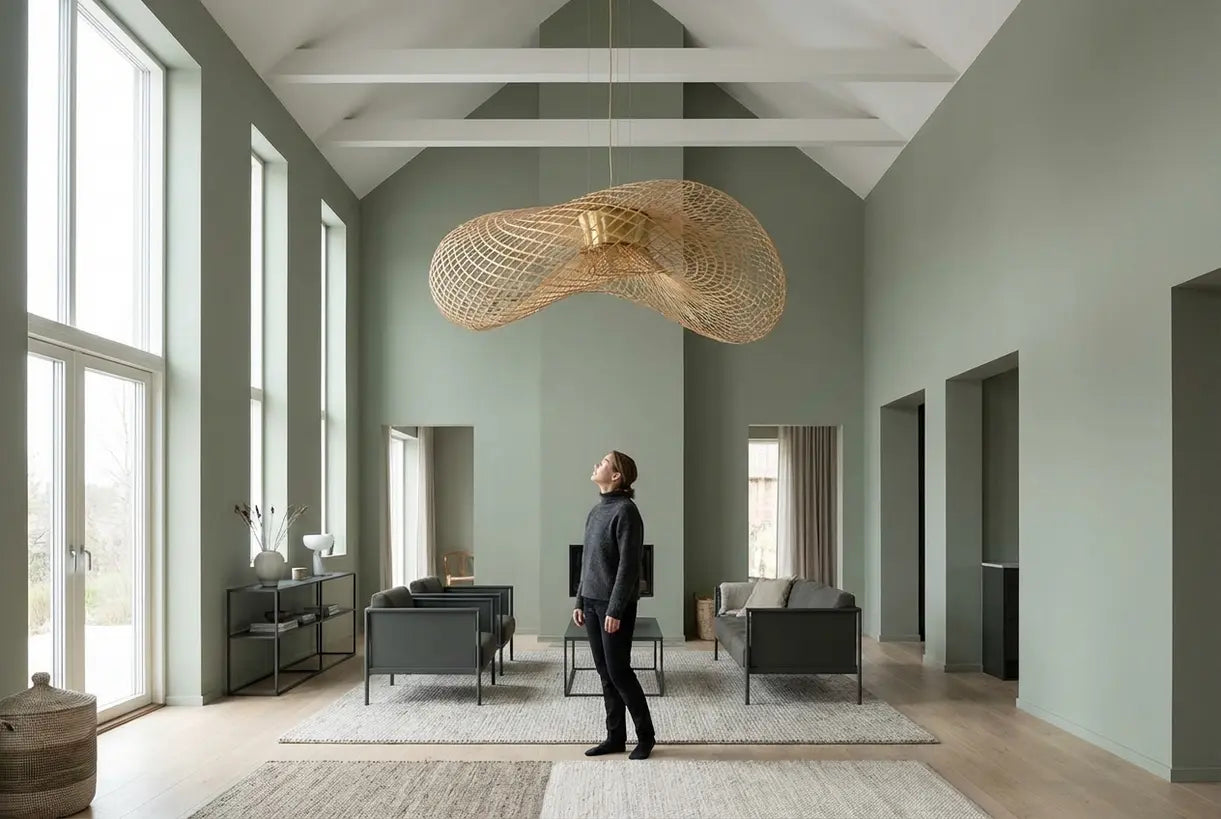 Large sculptural pendant light in high-ceiling Scandinavian living room with person for scale