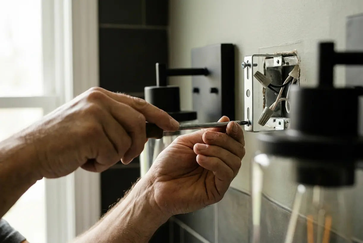 Hands installing bathroom light fixture mounting bracket with screwdriver, DIY home improvement close-up