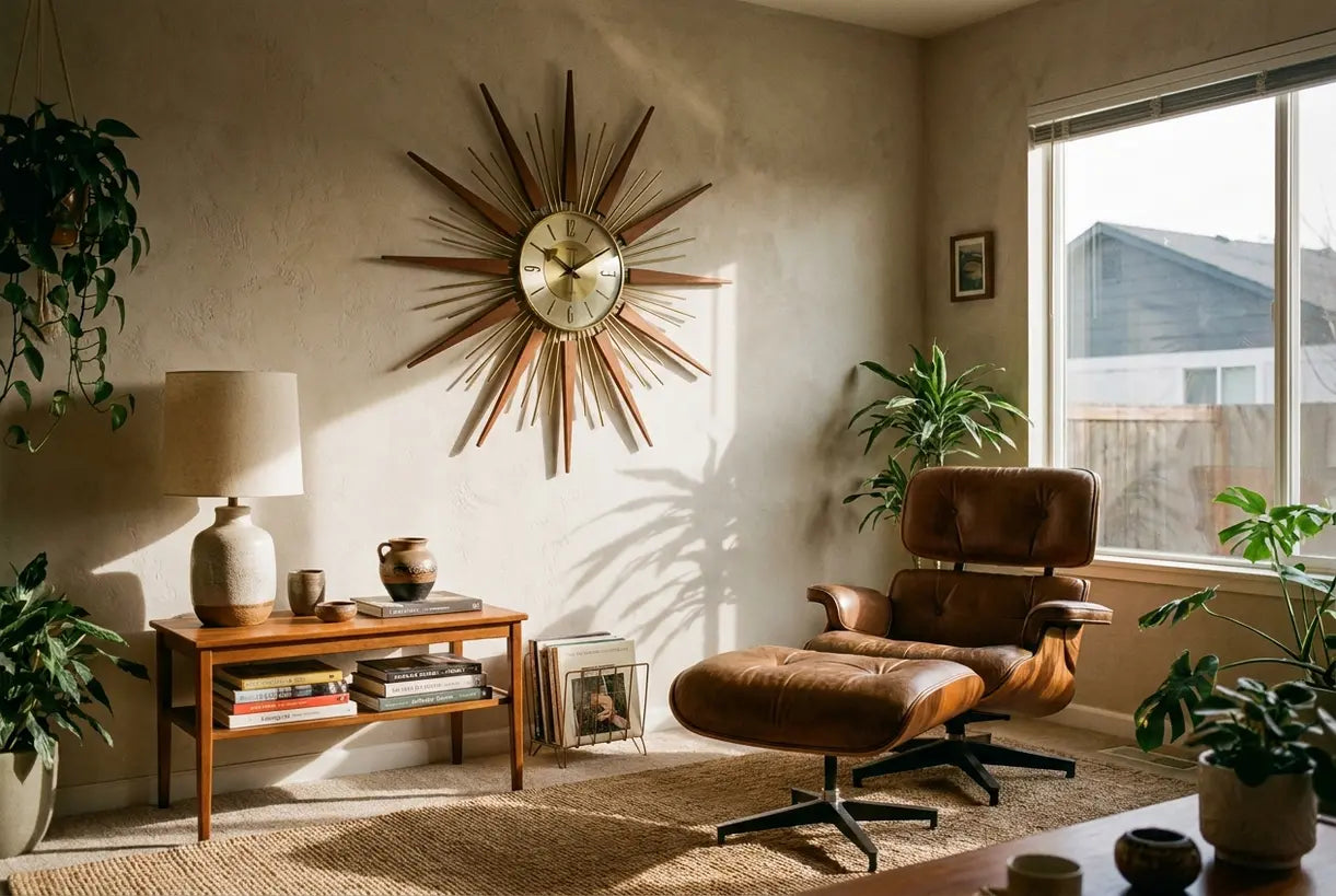 Mid-Century Modern Wohnzimmer mit Vintage-Sunburst-Wanduhr und skandinavischem Dekor