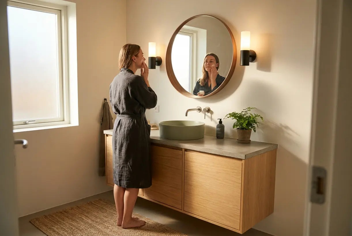 Scandinavian bathroom vanity with symmetrical wall sconces and round mirror in warm natural lighting