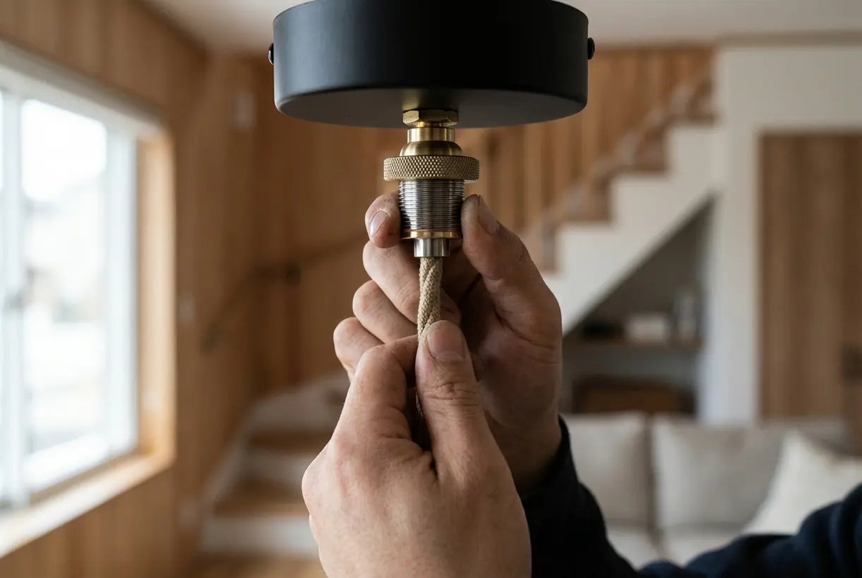 Handen stellen het snoer van een hanglamp op de juiste hoogte in voor het trappenhuis