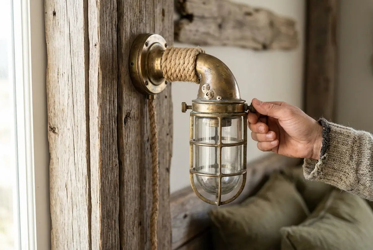 Messing nautische wandlamp met kooidetails en maritiem beslag, kustverlichtingsarmatuur