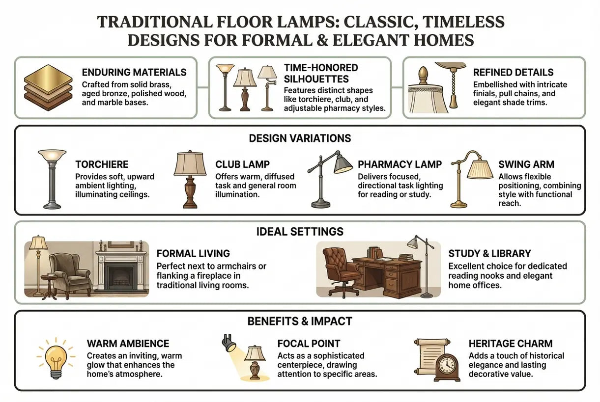 Traditionele Vloerlampen: Klassieke, Tijdloze Ontwerpen voor Formele & Elegante Huizen - infographic