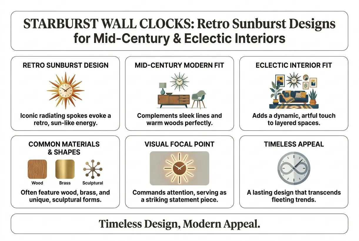 Starburst-Wanduhren: Retro-Sonnen-Designs für Mid-Century- und eklektische Interieurs - Infografik