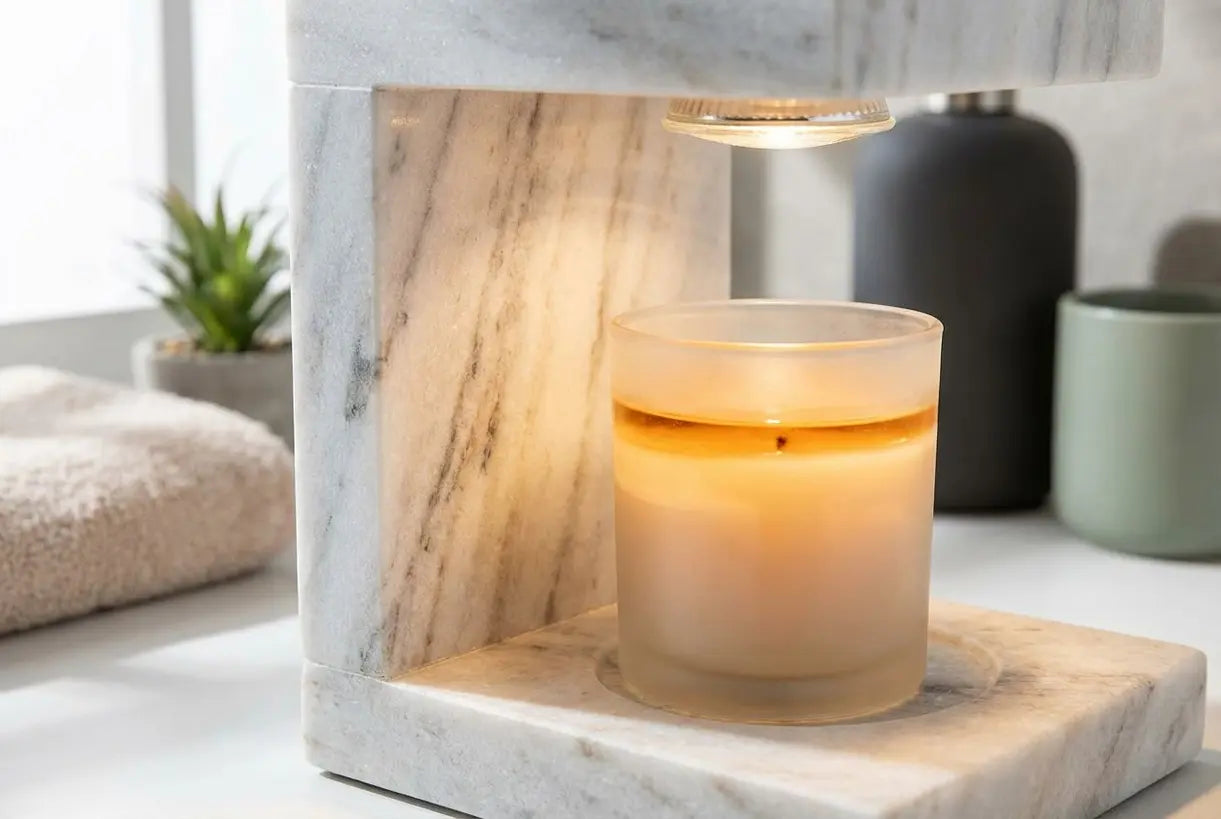 Close-up van marmeren kaarsenwarmerlamp met natuursteenaders en warm gesmolten wasbad