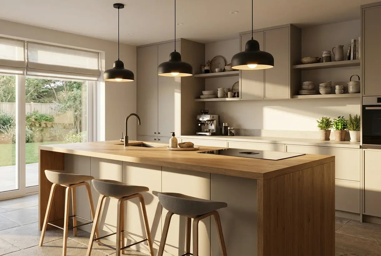 Three matte black pendant lights over a kitchen island