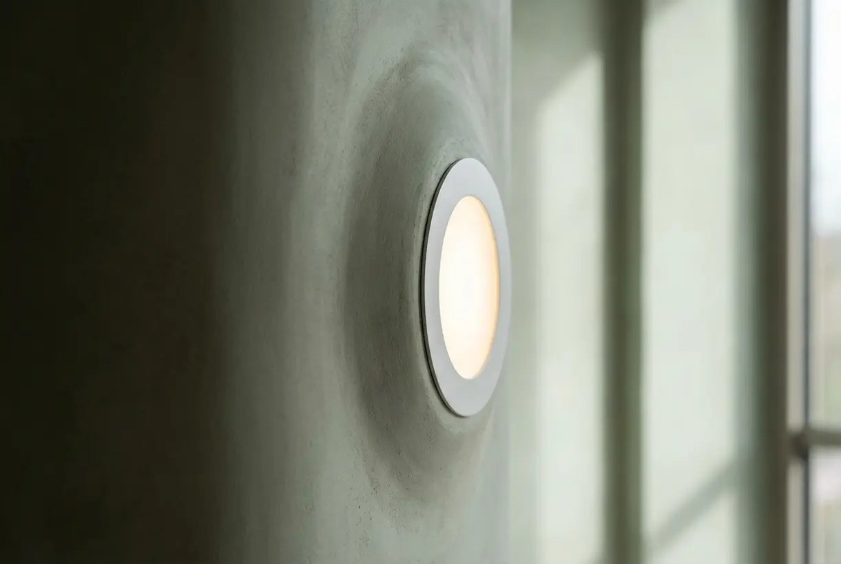 Stuc-inbouw wandlamp verzonken in naadloos gipsplaatoppervlak toont architectonische integratie