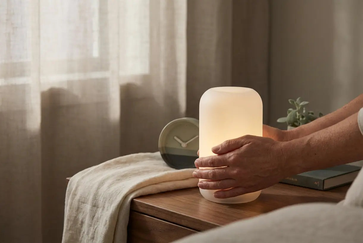 Handen die een oplaadbare nachtlamp aanraken op een minimalistisch nachtkastje met zachte warme gloed