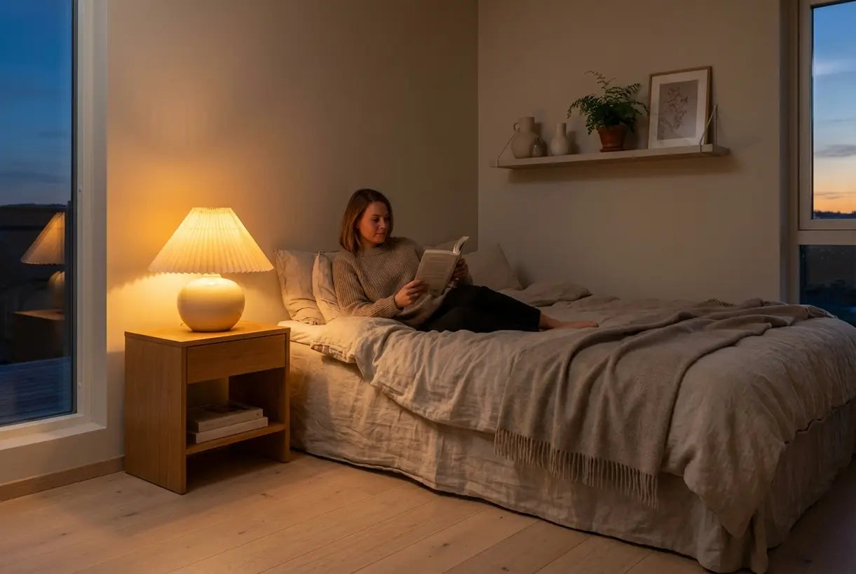 Gezellige slaaphoek met Scandinavische stijl voordelige tafellamp en lezende persoon