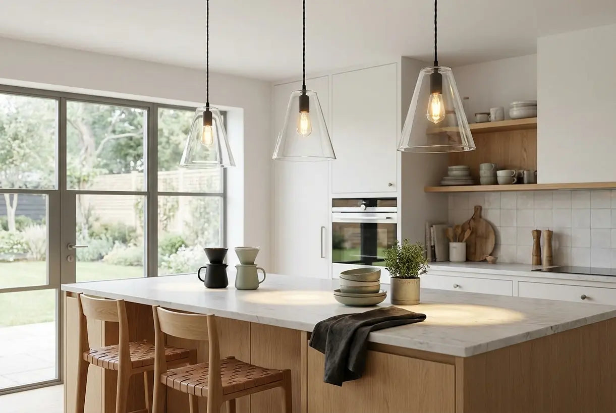 Conische glazen hanglampen boven keukeneiland in Scandinavisch interieur