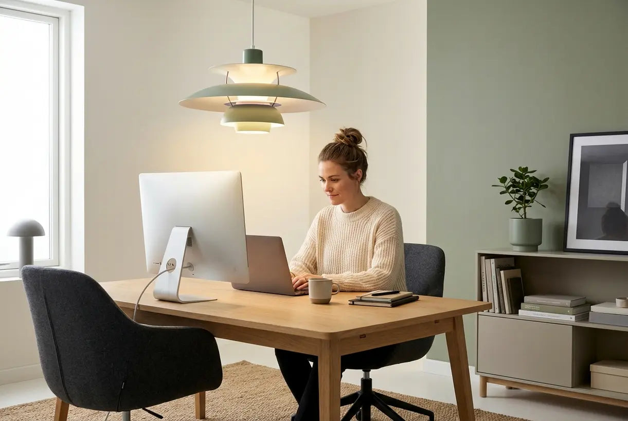 Scandinavische thuiswerkplek met een plafondlamp die de werkplek goed verlicht