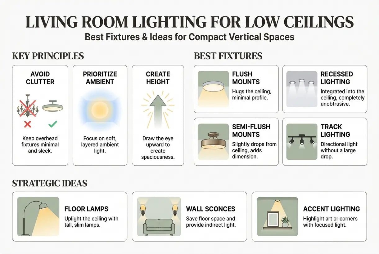 Living Room Lighting for Low Ceilings: Best Fixtures & Ideas for Compact Vertical Spaces - infographic
