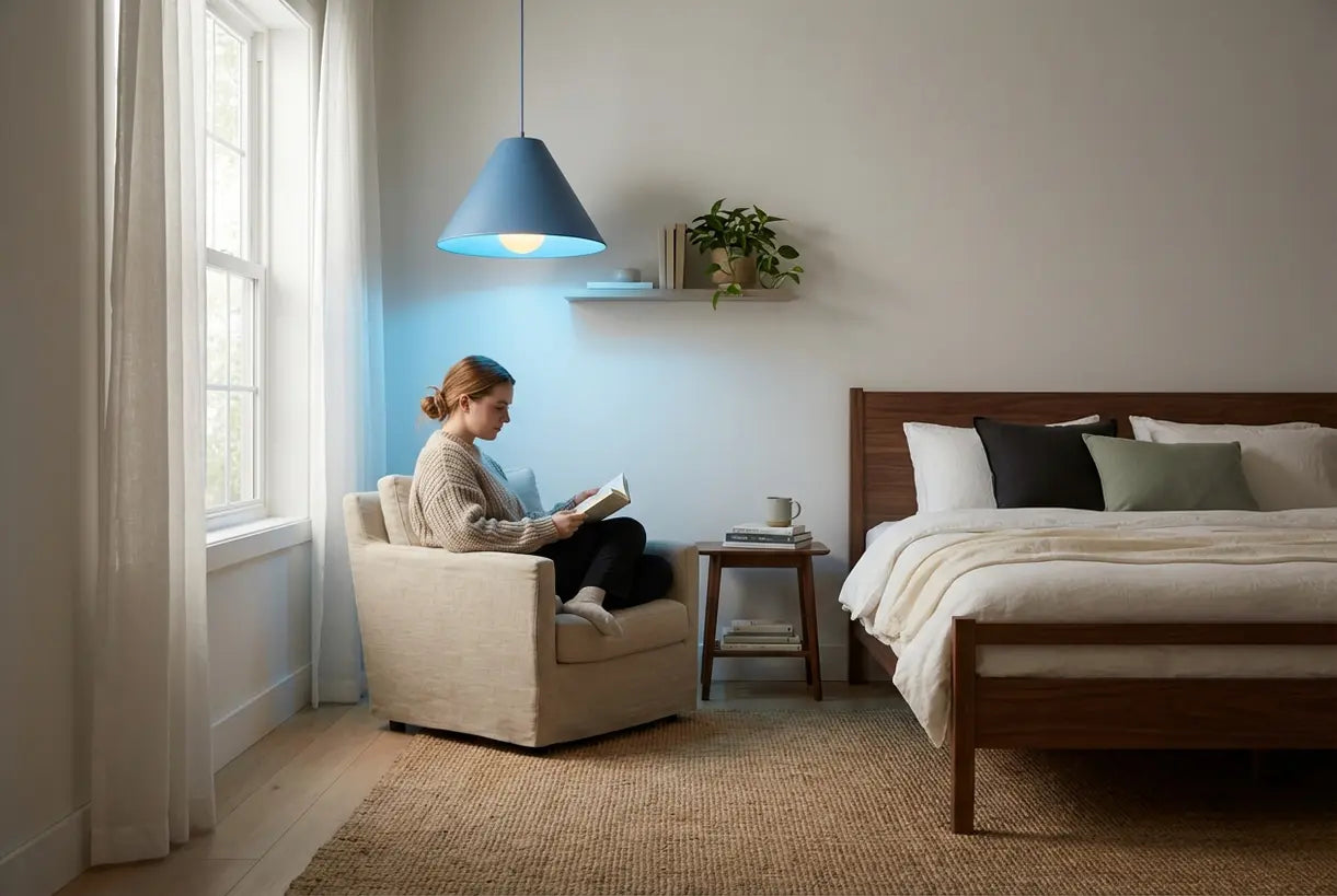 Scandinavian bedroom with blue pendant light, calming living room lighting design