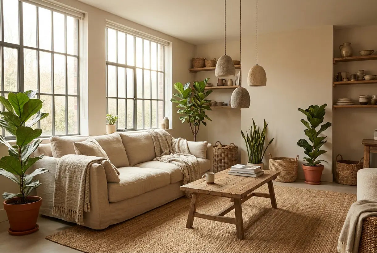 Eco-conscious living room with natural stone lighting and sustainable materials