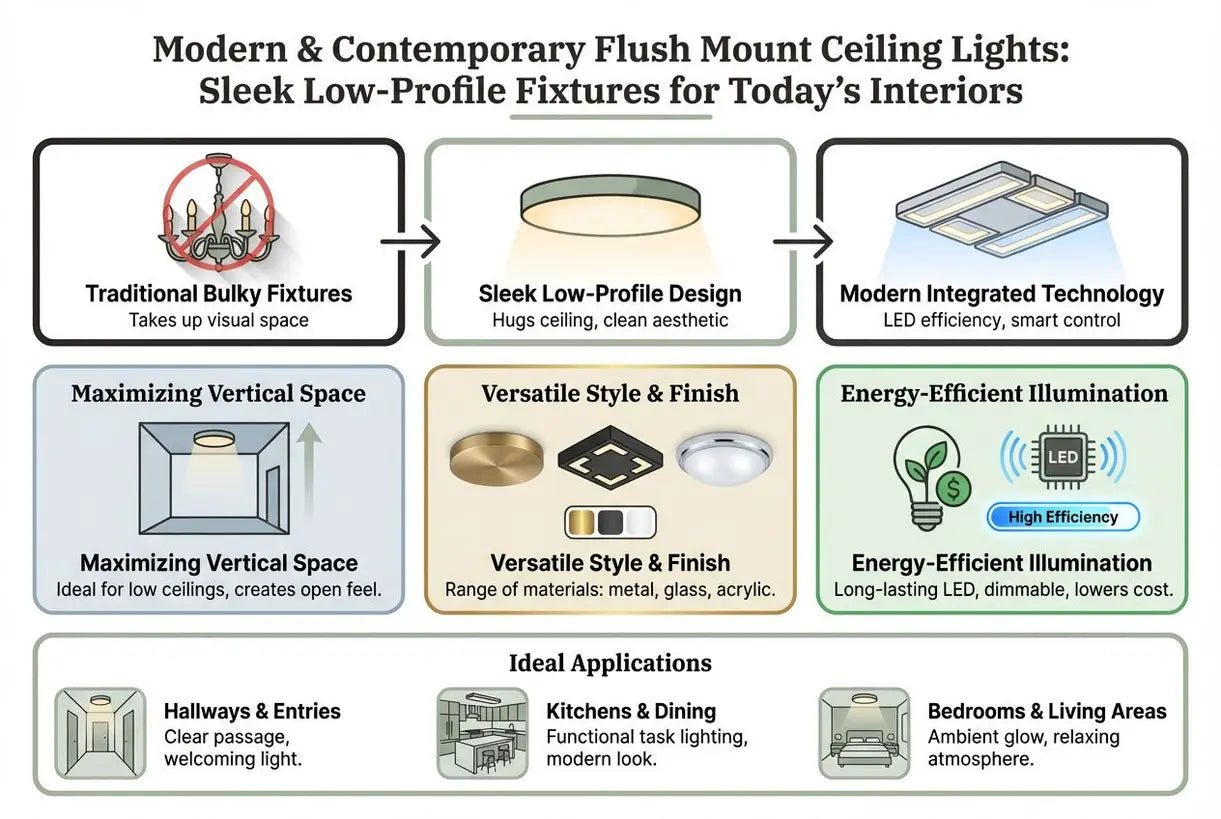 Moderne en hedendaagse plafondlampen voor vlakke montage: strakke, lage armaturen voor het interieur van nu - infographic