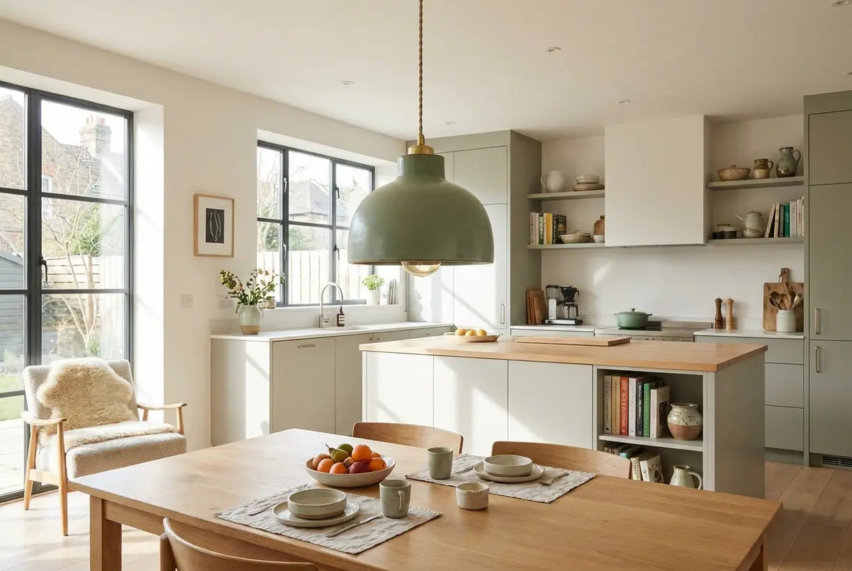 Scandinavische keuken met een hanglamp op de juiste hoogte boven het kookeiland