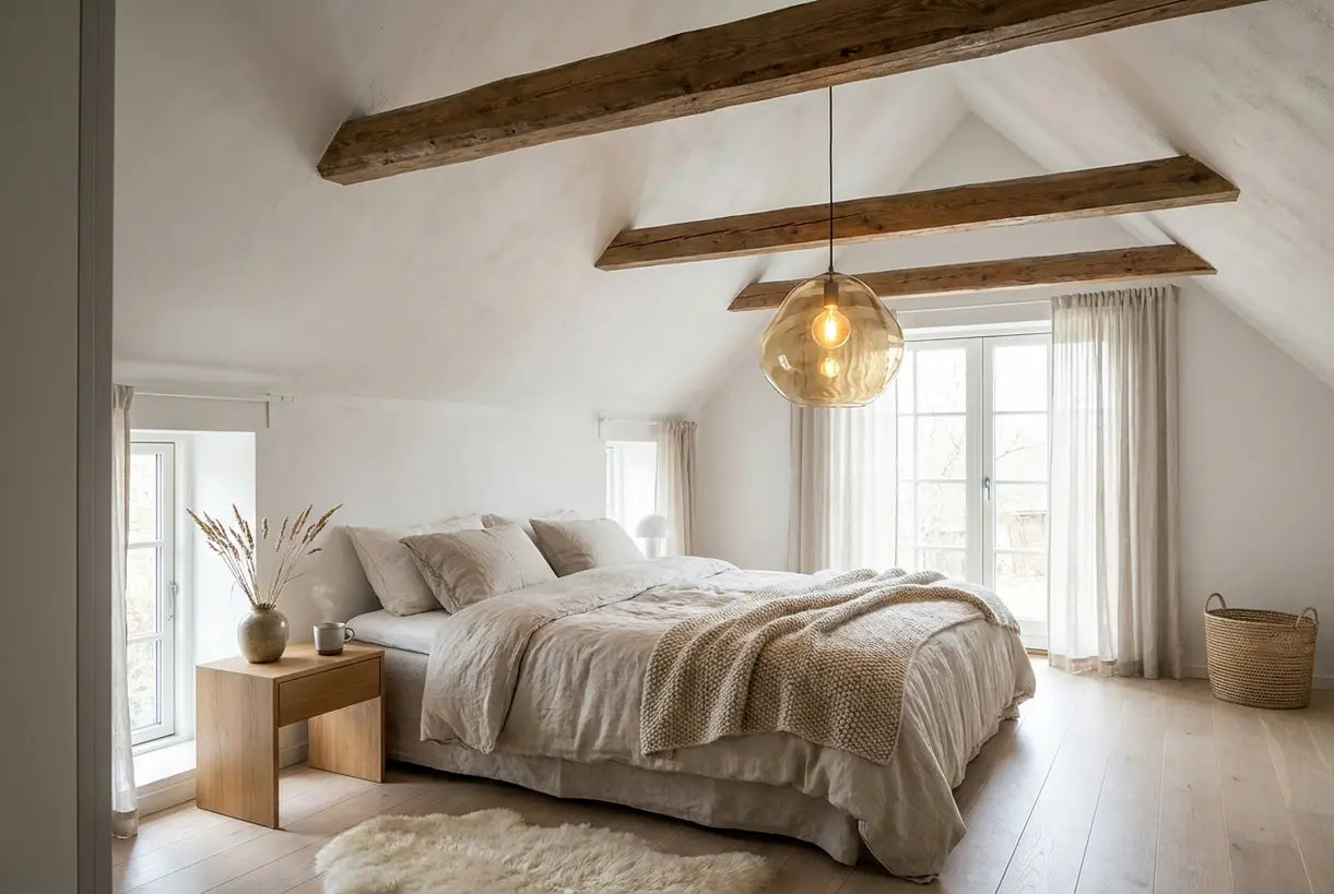 Scandinavian bedroom with vaulted ceiling lighting and pendant fixture