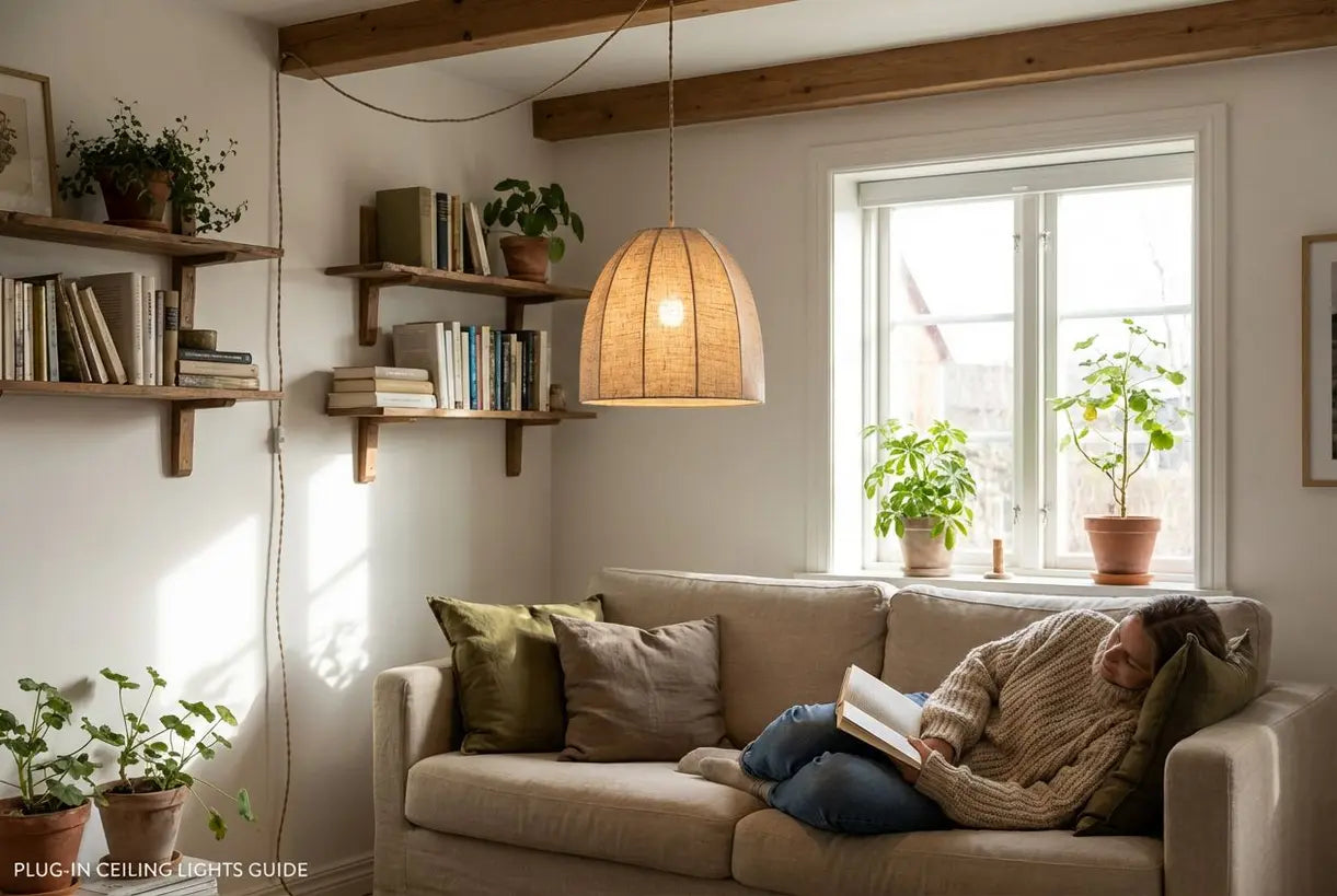 scandinavische woonkamer met plug-in pendelarmatuur boven leeshoek