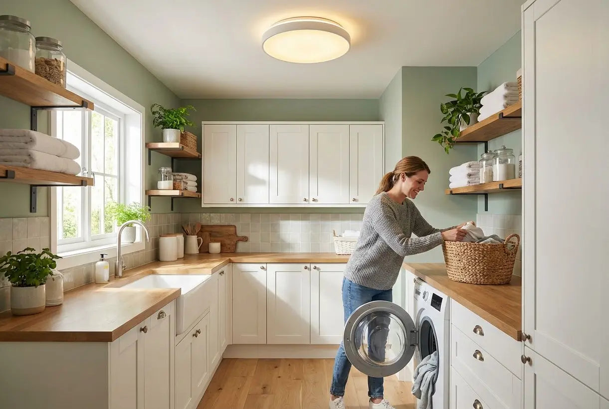 Heldere Scandinavische wasruimte met moderne plafondlamp en Noordse designelementen