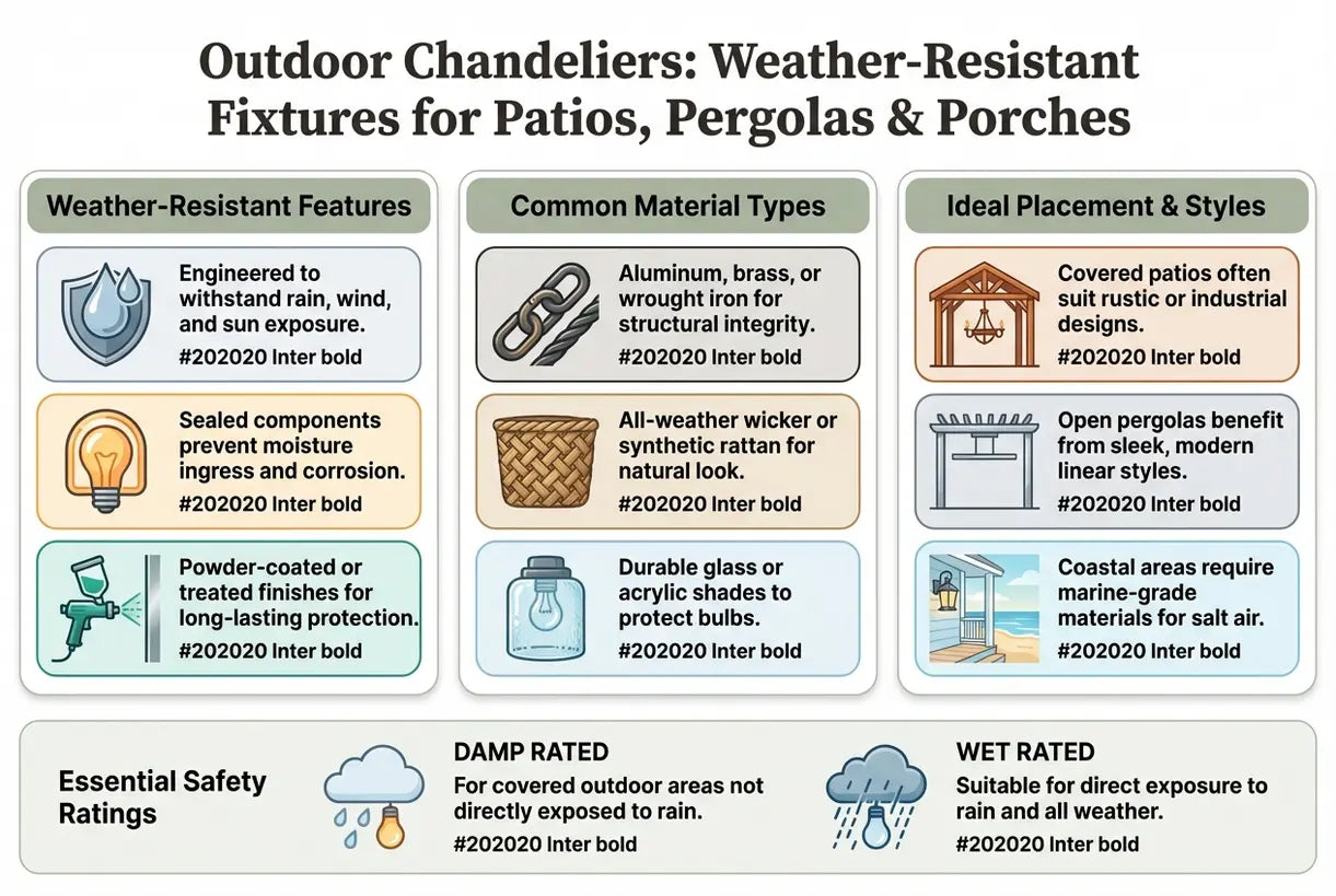 Outdoor Chandeliers: Weather-Resistant Fixtures for Patios, Pergolas & Porches - infographic