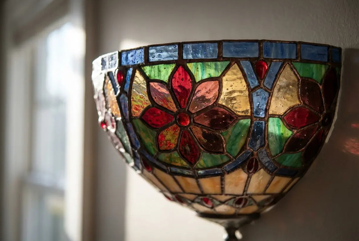 Close-up van Tiffany wandlamp glas-in-lood vakmanschap met juweelkleurige glasstukken