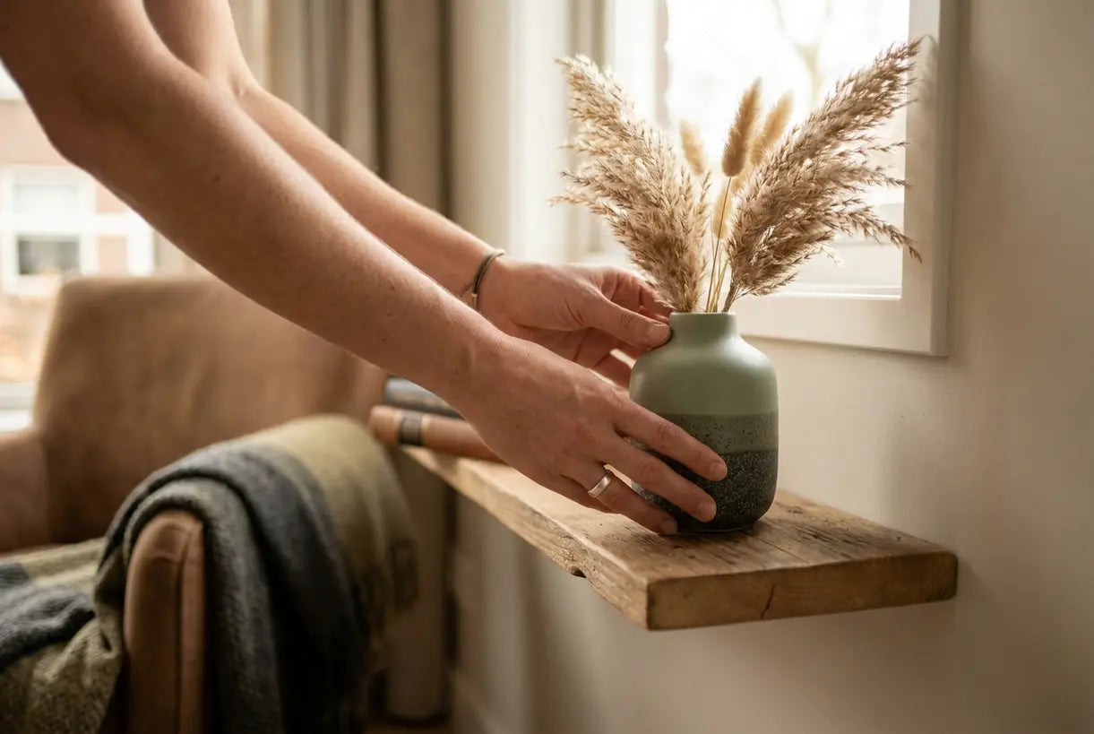 Hands styling ceramic vase with dried grass on floating shelf in small Scandinavian apartment