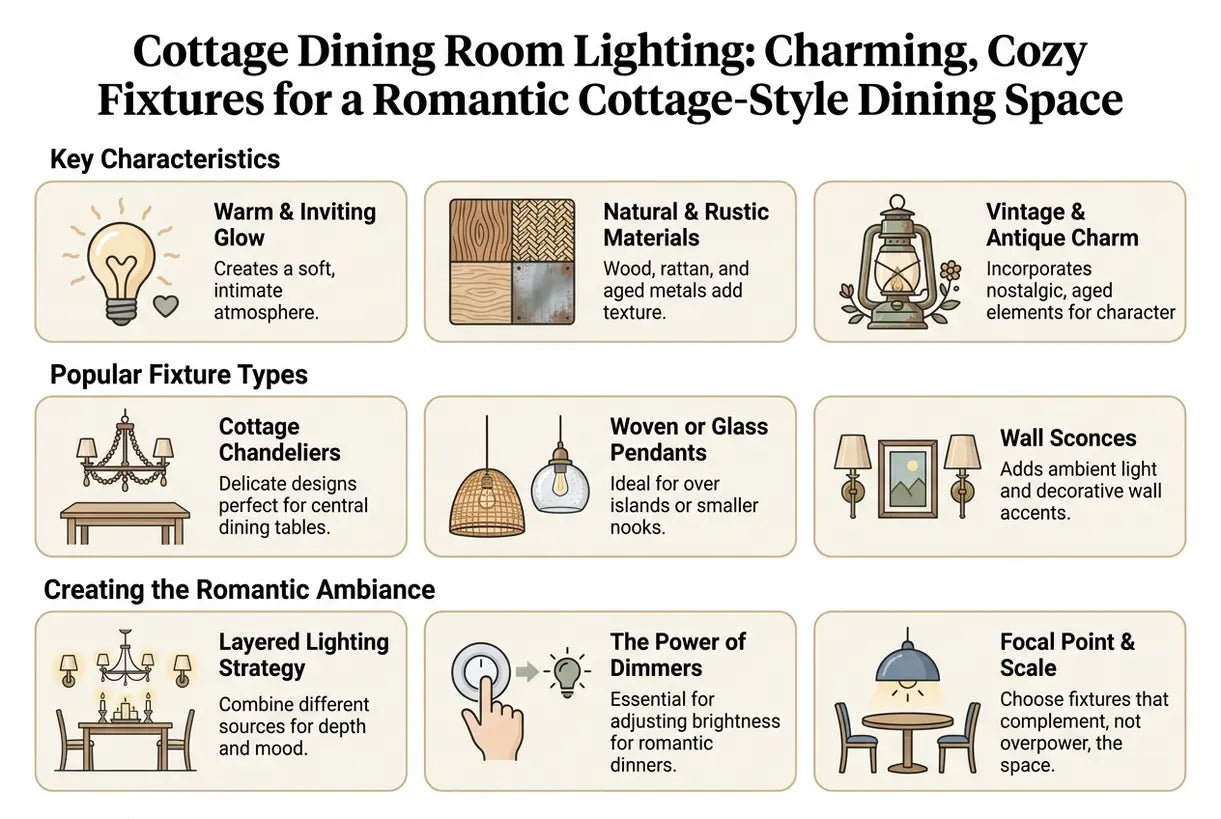 Cottage eetkamerverlichting: Charmante, gezellige armaturen voor een romantische eetruimte in cottage-stijl - infographic