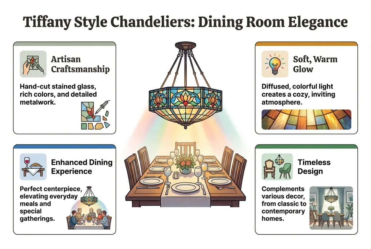 Tiffany Style Chandeliers for the Dining Room: Stained Glass Elegance Over Your Table - infographic