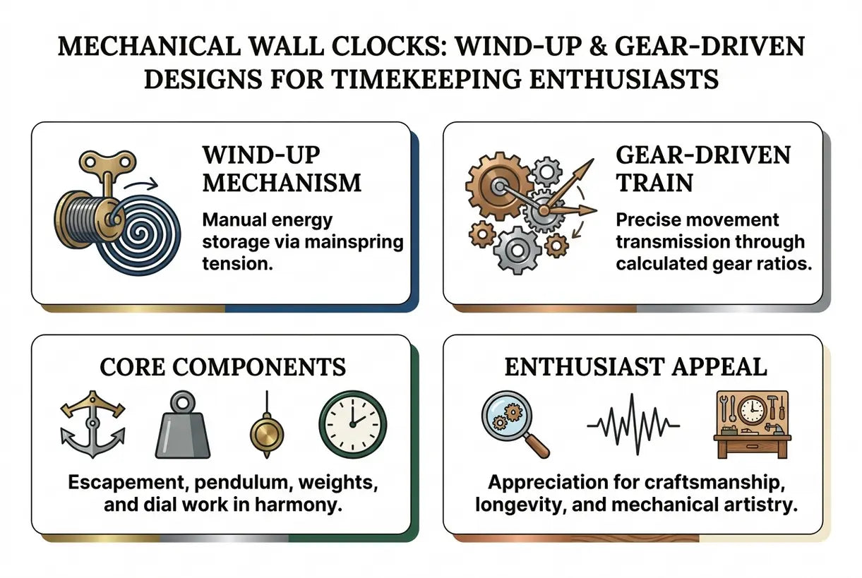 Mechanische wandklokken: opwindbare ontwerpen met tandwielen voor liefhebbers van uurwerken - infographic