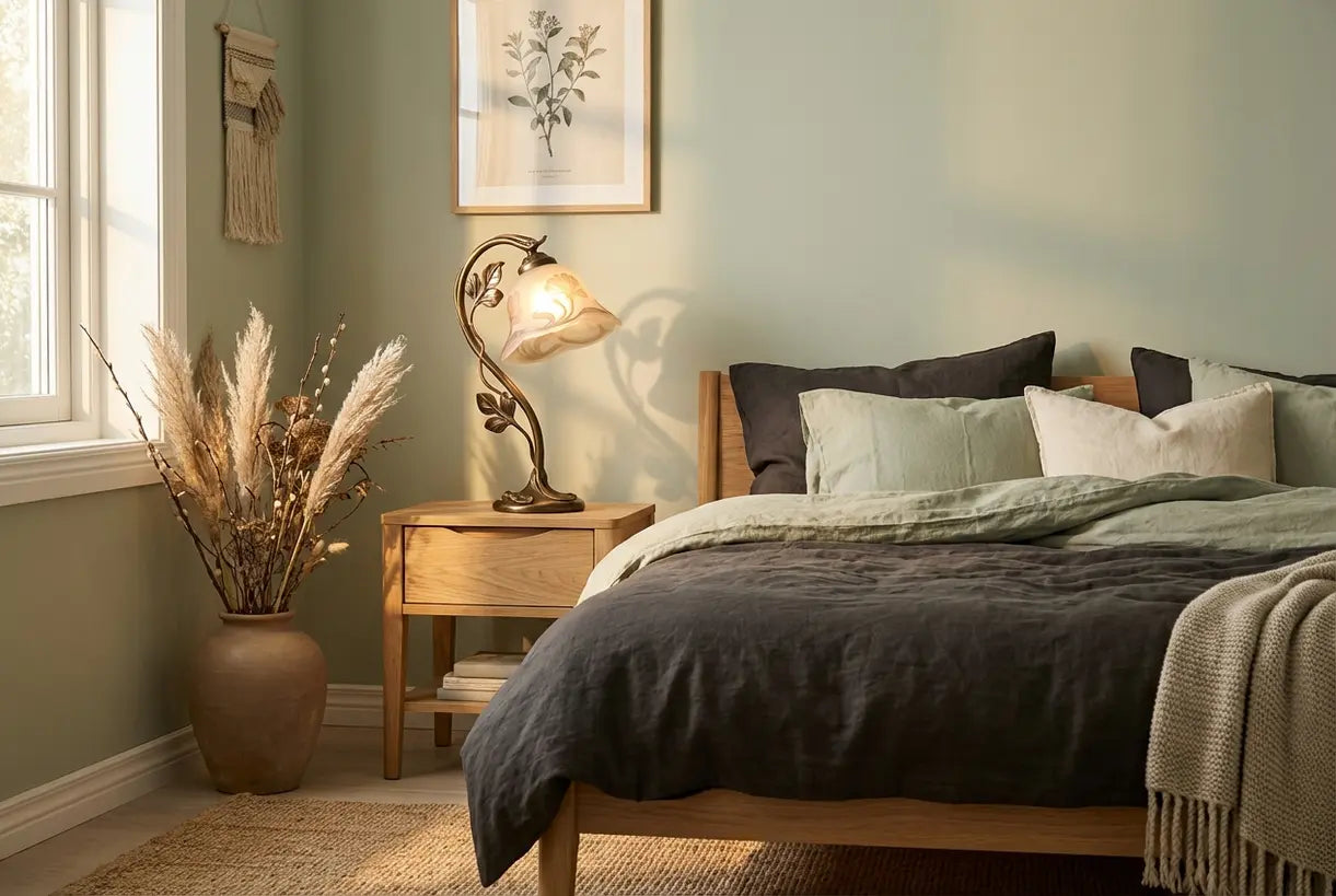 Romantische art nouveau tafellamp in Scandinavische slaapkamer met organisch ontwerp en warm omgevingslicht