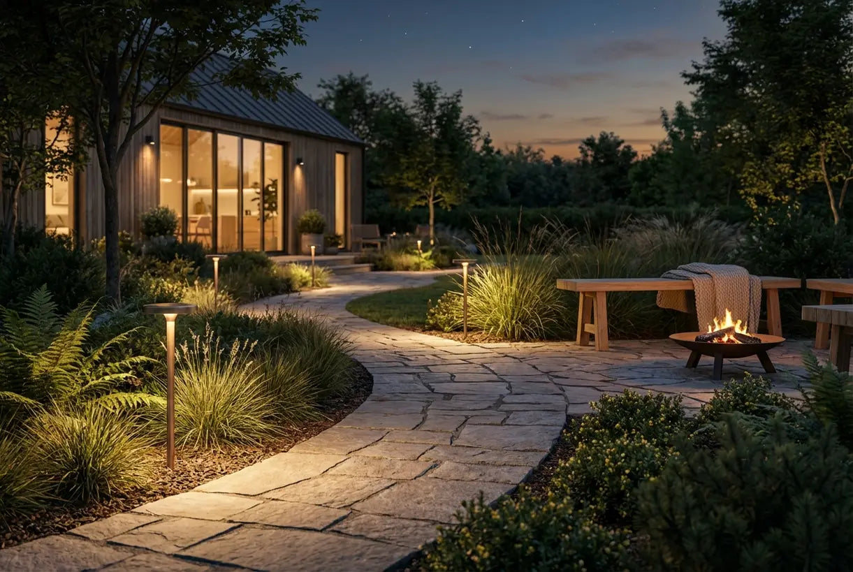 Prachtig tuinpad verlicht door laagspanning buiten LED-verlichting bij schemering